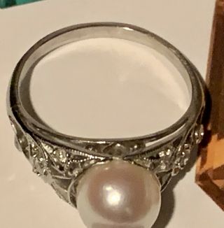 Vintage Pearl and Diamond Ring 18k White Gold 4