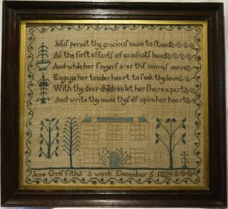 Early 19th Century House,  Motif & Verse Sampler By Jane Griffiths - Dec 5 1829