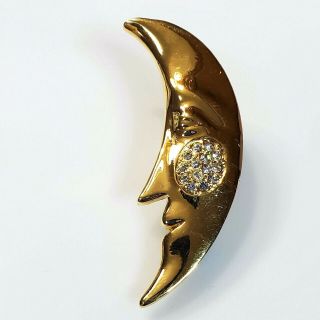 Vintage Gold Tone Man In The Moon Crystal Rhinestone Accent Fashion Brooch Pin