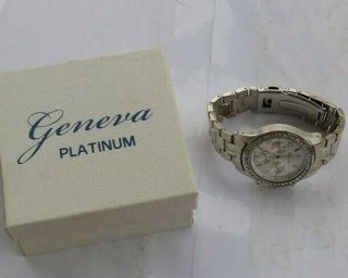 Vintage Geneva Chrono Silver Tone Platinum Watch Wristwatch & Box 9073 Look