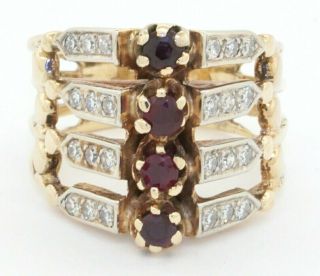 Antique Heavy 14k Yellow Gold 0.  88ct Vs2/g Diamond & Ruby Cocktail Ring Size 7.  5