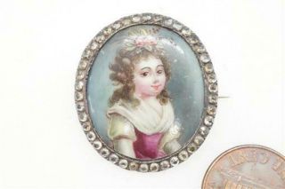 Antique Georgian Hand Painted Lady Portrait Miniature Paste Border Brooch C1780