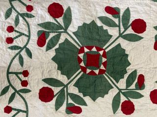 Antique 1880 ' s handmade red,  green and white floral appliqué quilt 2
