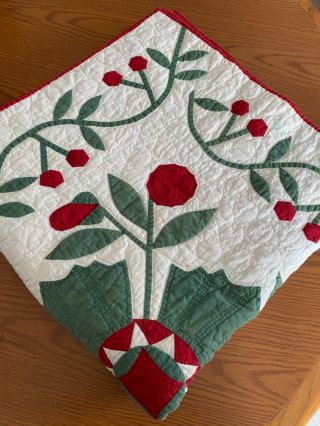 Antique 1880 ' s handmade red,  green and white floral appliqué quilt 3