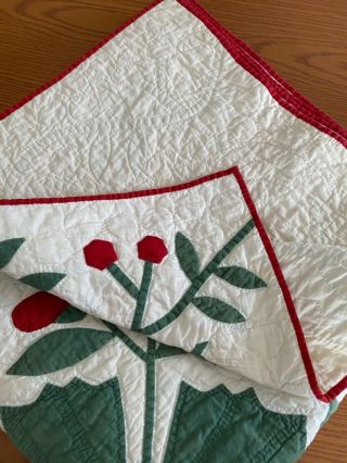 Antique 1880 ' s handmade red,  green and white floral appliqué quilt 4