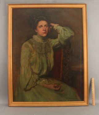 Large Antique 1908 George M Reeves American Portrait Oil Painting Woman In Green