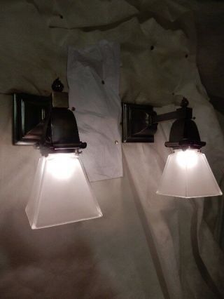 Simple Mission Style Arts and Crafts Sconces With Etched Shades 5