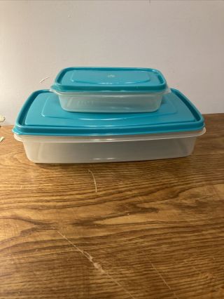 2 Vtg Rubbermaid Servin Saver Rectangular Sheer Containers Teal 6 7 Cu 10 12oz