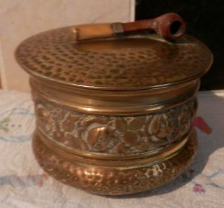 Vintage Circular Ornate // Hammered Brass - Tobacco Box And With " Pipe " Lid.
