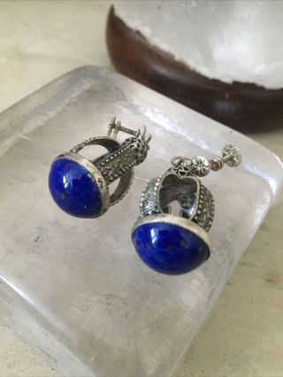 Vintage Earrings Silver ? Crown Royalty Blue Stone Lapis ? Dangle Screw On