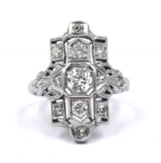 Antique Art Deco Three Stone Diamond Ring Geometric Filigree 18k White Gold