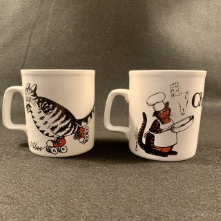 Vintage 80s B.  Kliban Cat Coffee Mugs Pair (2) Rollerskates & Chefcat England