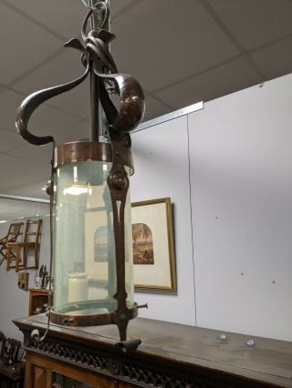 Arts And Crafts Vaseline Glass And Copper Hall Lantern
