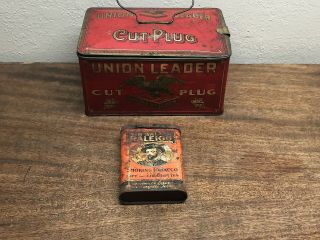 Vintage Union Leader Cut Plug Tobacco Tin Rare Lunch Box Style W/ Extra Tin