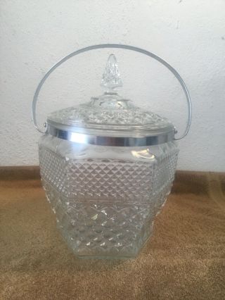 Vintage Diamond Patter Cut Glass Ice Bucket W/metal Handle & Lid