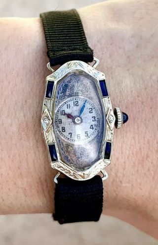 Vintage 14k Solid Gold Art Deco Sapphire And Diamond Ladies Rectangular Watch