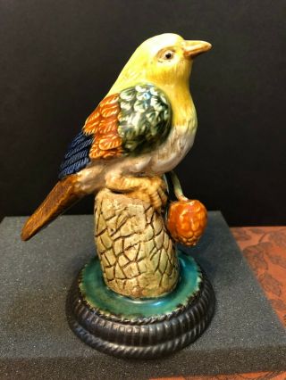 Vintage Majolica Bird Tree Stump Pine Cones Ceramic Mid Century Modern