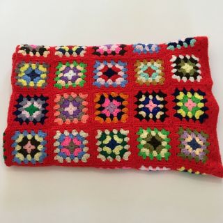 Vintage Hand Crocheted Afghan Blanket Handmade Granny Squares Red 53” X 60”