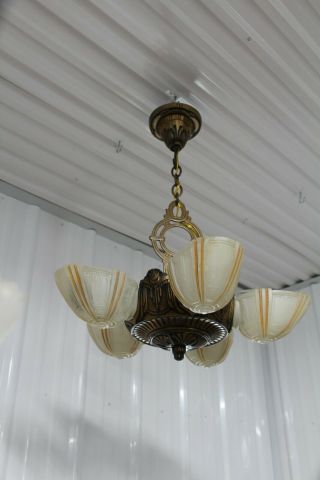 Antique Art Deco Slip Shade Ceiling Light Fixture Chandelier Electrolier