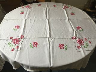 Vintage White Rectangle Red Floral Embroidered Table Cloth Linen 40 X 48 "