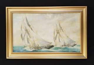 Antique Regatta Yacht Race Sailboat Oil Painting In Gold Frame