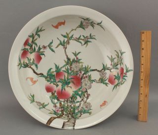 Large Antique 18thc Chinese Porcelain Bowl W Peach Tree & Bats,  Yongzheng Mark