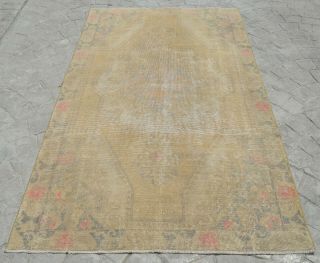 Vintage Distressed Area Rug Hand Knotted Low Pile Turkish Oushak Rug 4 
