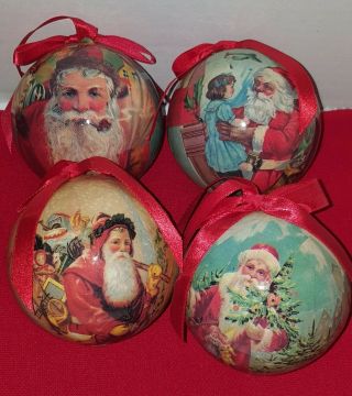 4 Vintage Decoupage Paper Mache Christmas Ornament Balls Old World Santa Style