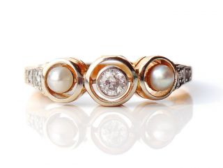 Antique Art Deco Ring Solid 18k Yellow Gold Diamonds Pearls Ø Us 5.  75 /3gr