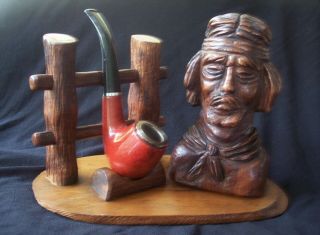 Vintage Single Pipe Stand - American Indian - Carved Wooden Pipe Holder