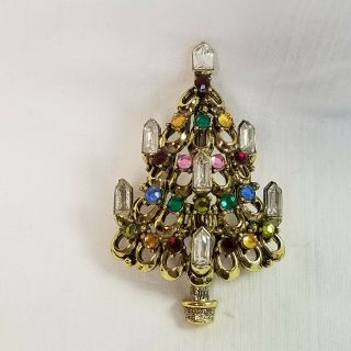 Vtg Hollycraft Christmas Tree Brooch Pin Multi Colored Rhinestones Gold Tone