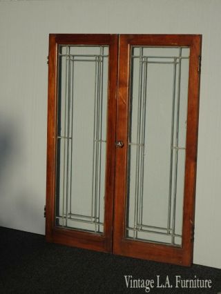 Antique French Country Glass Leaded Oak Cabinet Doors