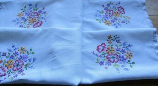 Vintage Linen Tablecloth Hand Cross Stitch Embroidered Flowers 101 X 106 Cms