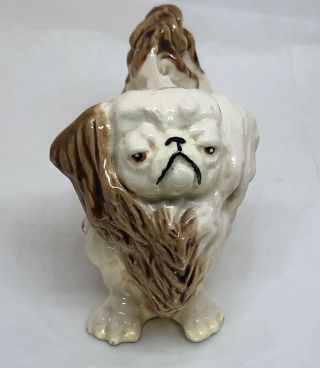 Vintage White And Brown Pekingese Dog Ceramic Figurine Hand Painted Piece 5.  5”