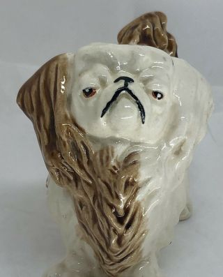 Vintage White and Brown Pekingese Dog Ceramic Figurine Hand Painted Piece 5.  5” 3