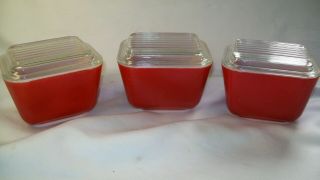 3 Vintage Pyrex Refrigerator Dish 501 Oven Safe Red With Ribbed Lids