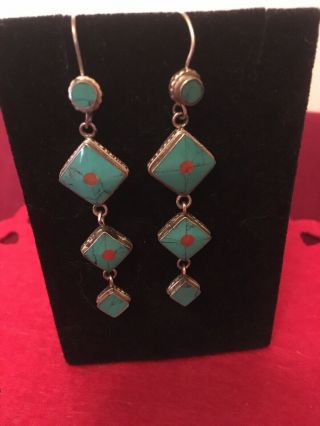 Vintage Sterling Silver Turquoise Inlay Dangle Earrings