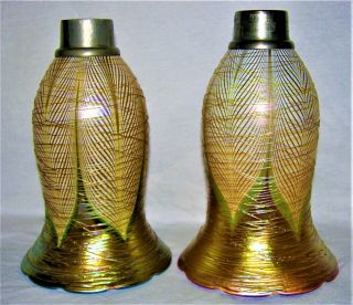 Antique Art Nouveau Threaded Pulled Feather Candle Lamp Shades Quezal Lustre Art