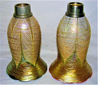 Antique Art Nouveau Threaded Pulled Feather Candle Lamp Shades Quezal Lustre Art 2