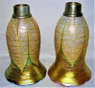 Antique Art Nouveau Threaded Pulled Feather Candle Lamp Shades Quezal Lustre Art 3