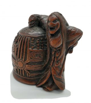 Antique Japanese Netsuke Of A Witch With A Bell,  Signed C.  1900