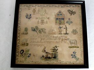 Antique English Hand Stitched Pictorial Needlework Sampler 19th C.