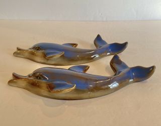 Set Of 2 Vintage Ceramic Dolphin Fish Wall Hanging Blue Brown Glaze Beach Decor