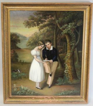 A Fantastic 19th C Folk Art O/c Painting Of A Young Boy & Girl With Their Dogs