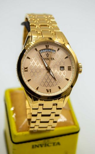 Invicta Collectors Vintage Quartz Day Date Gold Tone Stainless Steel Mens Watch