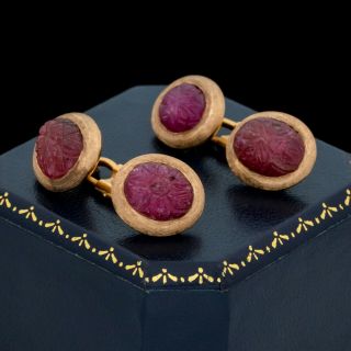 Antique Vintage Nouveau 18k Gold India Mughal Carved Ruby Flower Mens Cufflinks