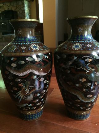12 " Large Pair Antique Japanese Chinese Cloisonné Vases Meiji Period Dragon
