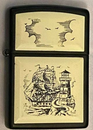 Vintage Scrimshaw Tall Ship Lighthouse Zippo Lighter Finland Suomi Coin