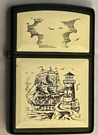 Vintage Scrimshaw Tall Ship Lighthouse Zippo Lighter Finland Suomi Coin 2