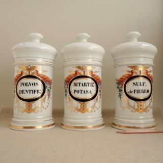 3 Antique Porcelain Apothecary Jars Iron Sulfate Toothpaste Cream Tartar 19th C